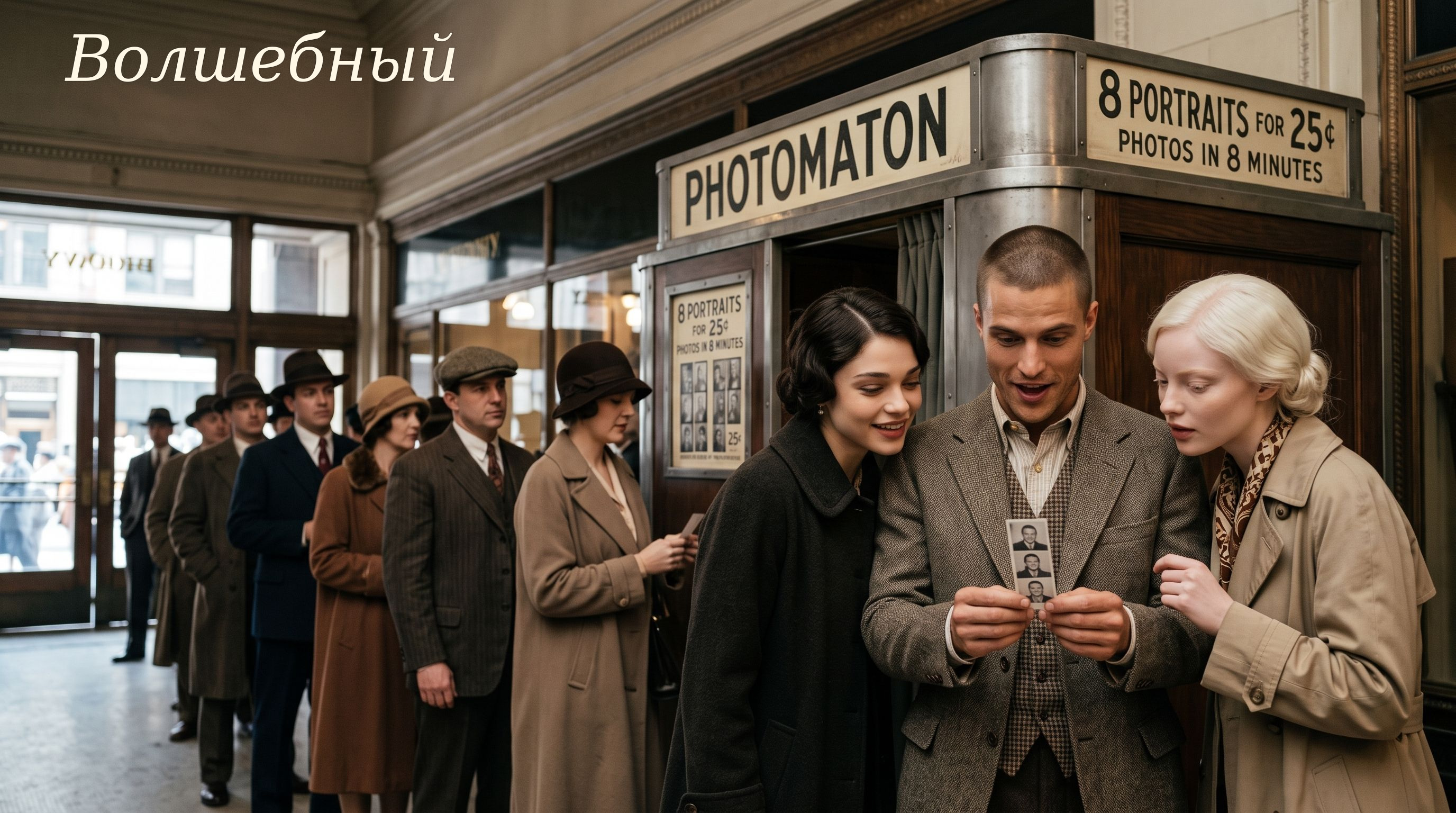 Посетители в одежде 1920-х рассматривают полоску снимков у будки Photomaton, за ними выстроилась очередь