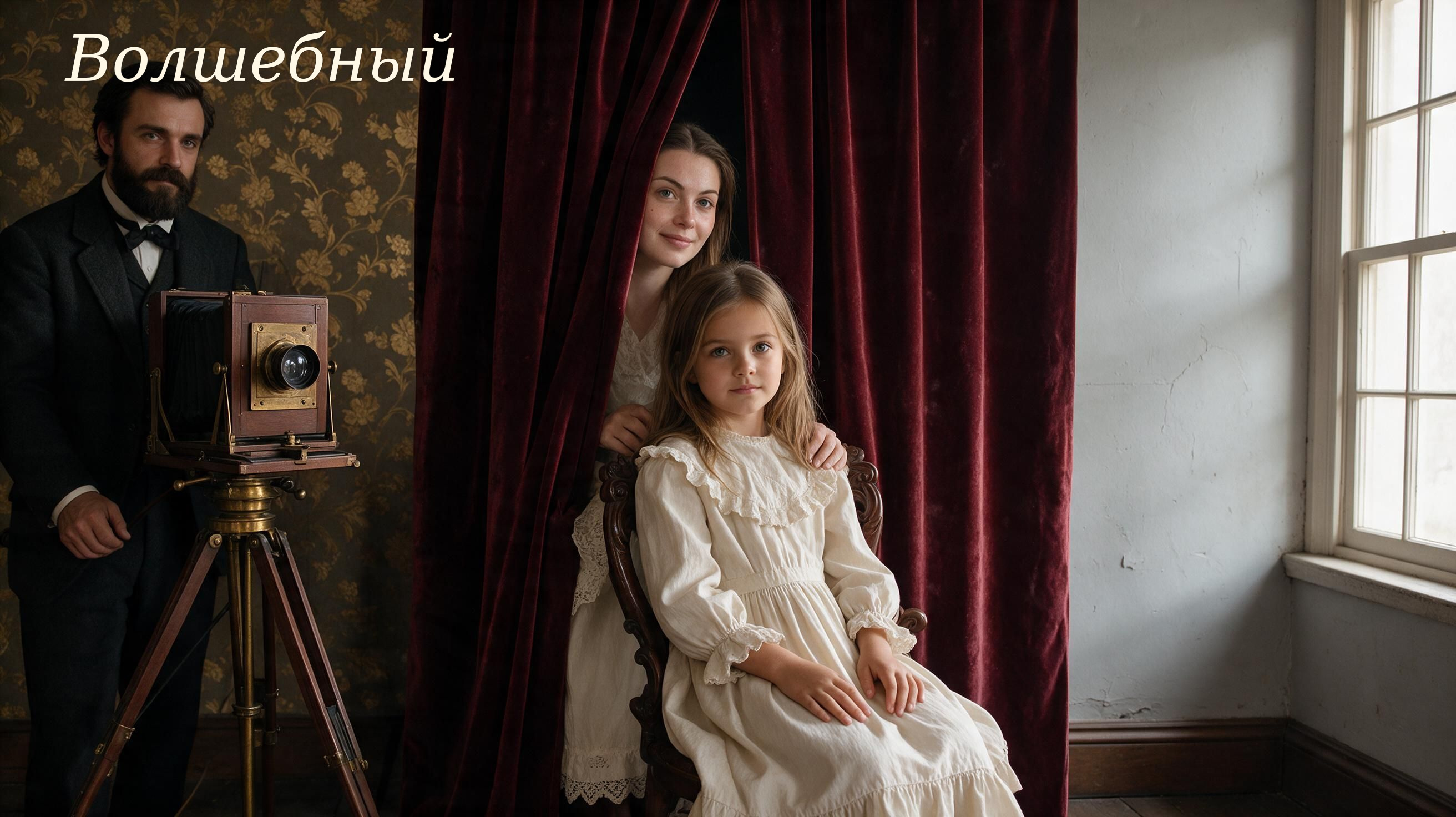 Женщина поддерживает ребёнка во время стилизованной викторианской фотосъёмки