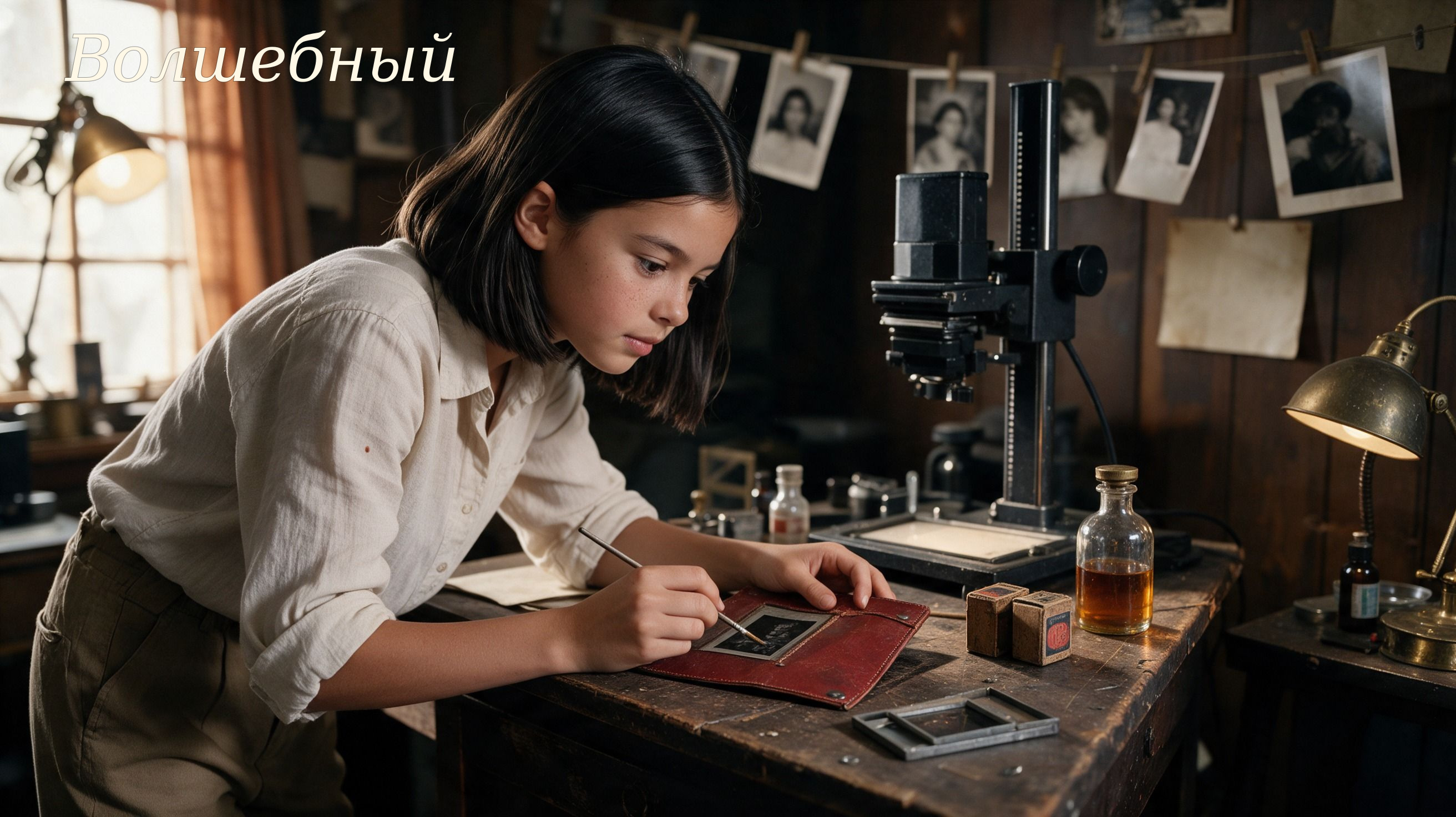 Девочка ретуширует фотографический негатив кистью в старой фотолаборатории