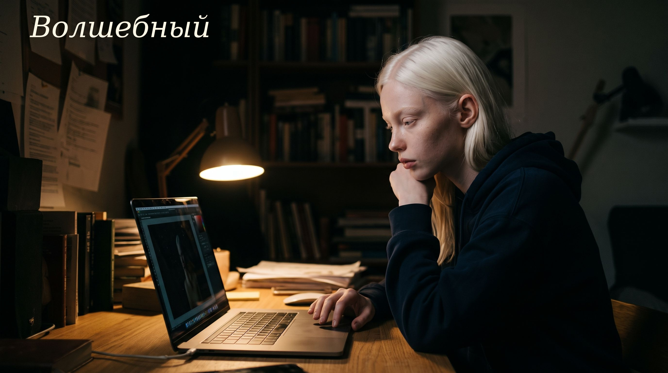 Женщина рассматривает тёмную фотографию на ноутбуке при свете настольной лампы