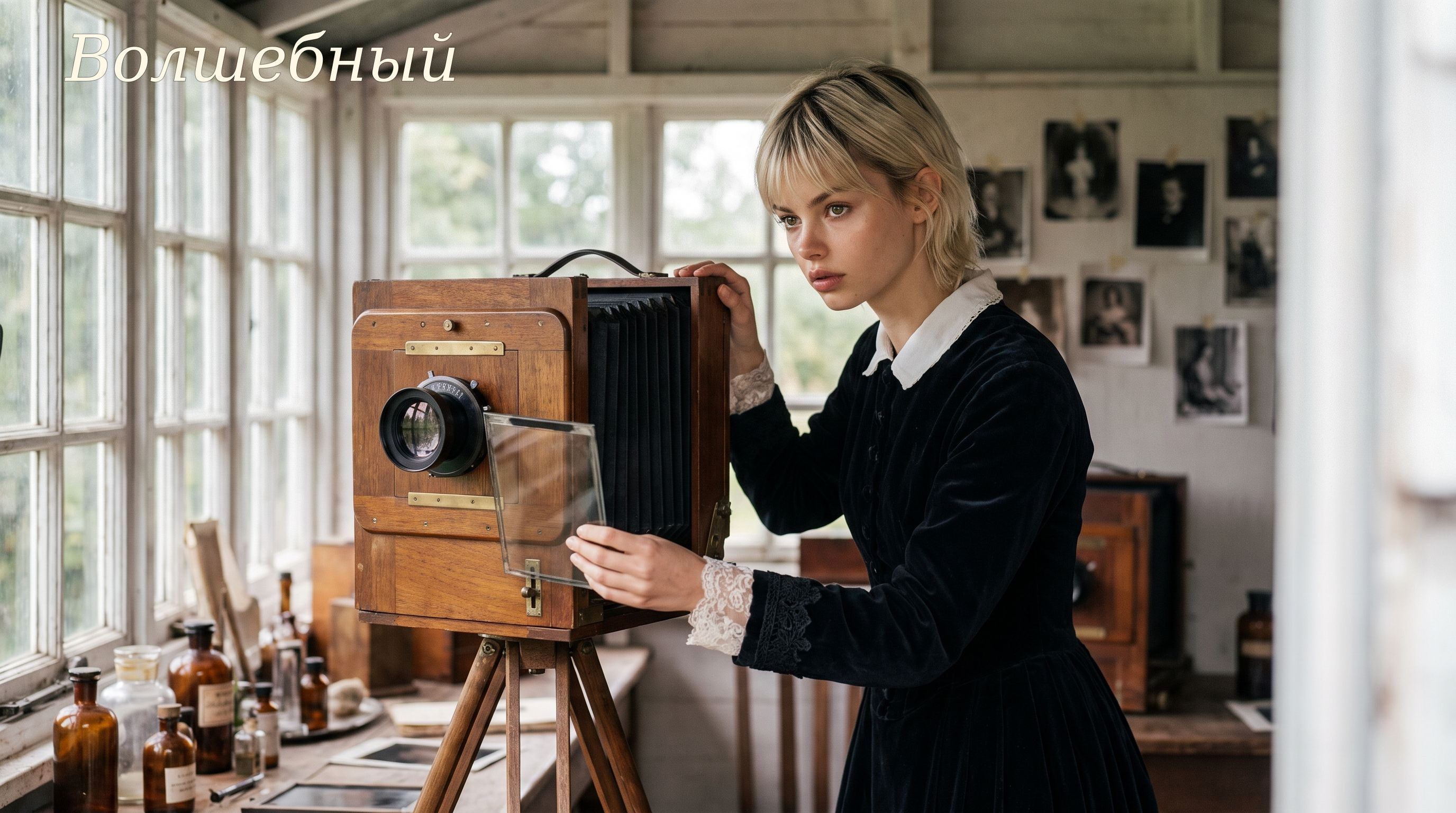 Женщина с короткой светлой стрижкой в тёмном бархатном платье с кружевными манжетами вставляет стеклянную пластину в деревянную камеру на треноге в светлой застеклённой мастерской